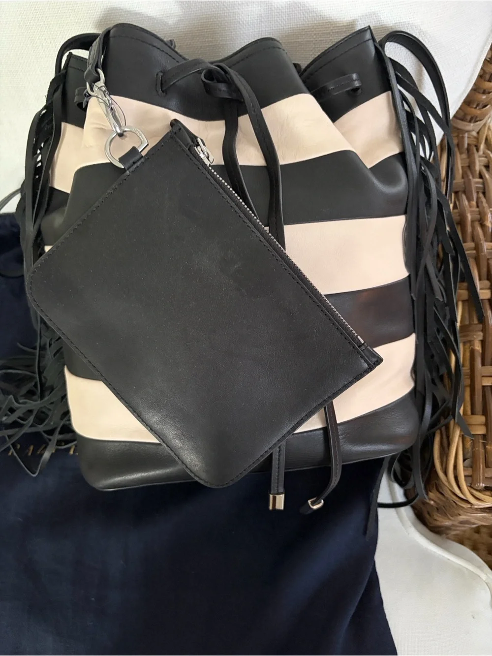 Ralph Lauren Black and cream leather bucket bag with wristlet